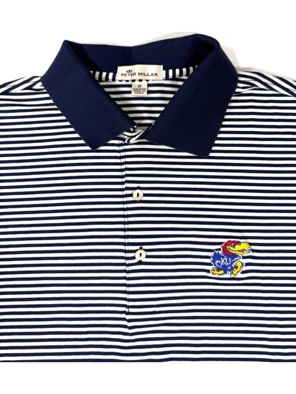 Peter Millar Mens Polo Shirt Kansas Jayhawks KU Size Medium Navy Striped Cotton